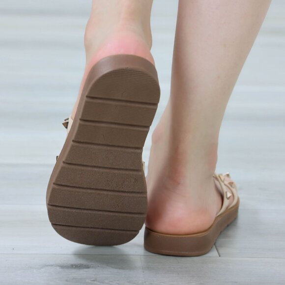 Nude Metal Stud Trendy Comfy Flat Gladiator Sandal Slip On Sliders - Picture 13 of 13